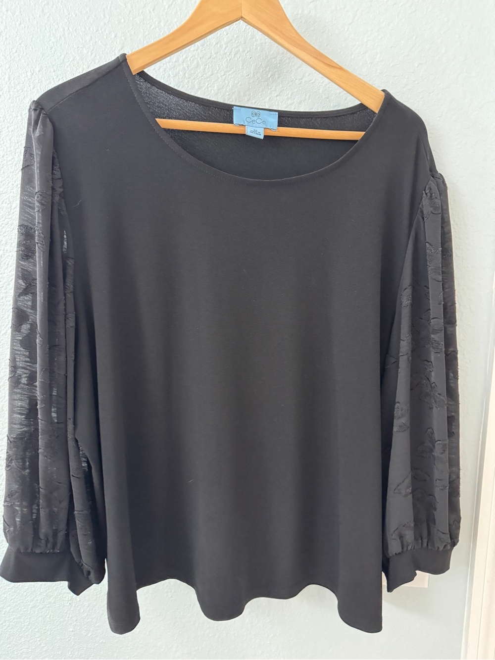 CeCe Black Long-Sleeve Top with Sheer Floral Sleeves